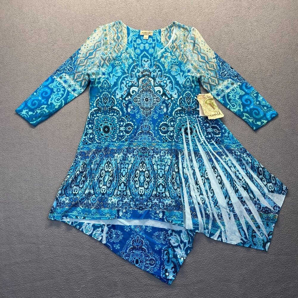 One World Live & Let Live Women Tunic Blue Floral 3/4 Sleeve,Size XS,Stretch,NEW